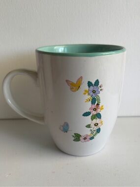Mug/Letter J White Ceramic Floral Butterfly Mug with Mint Interior